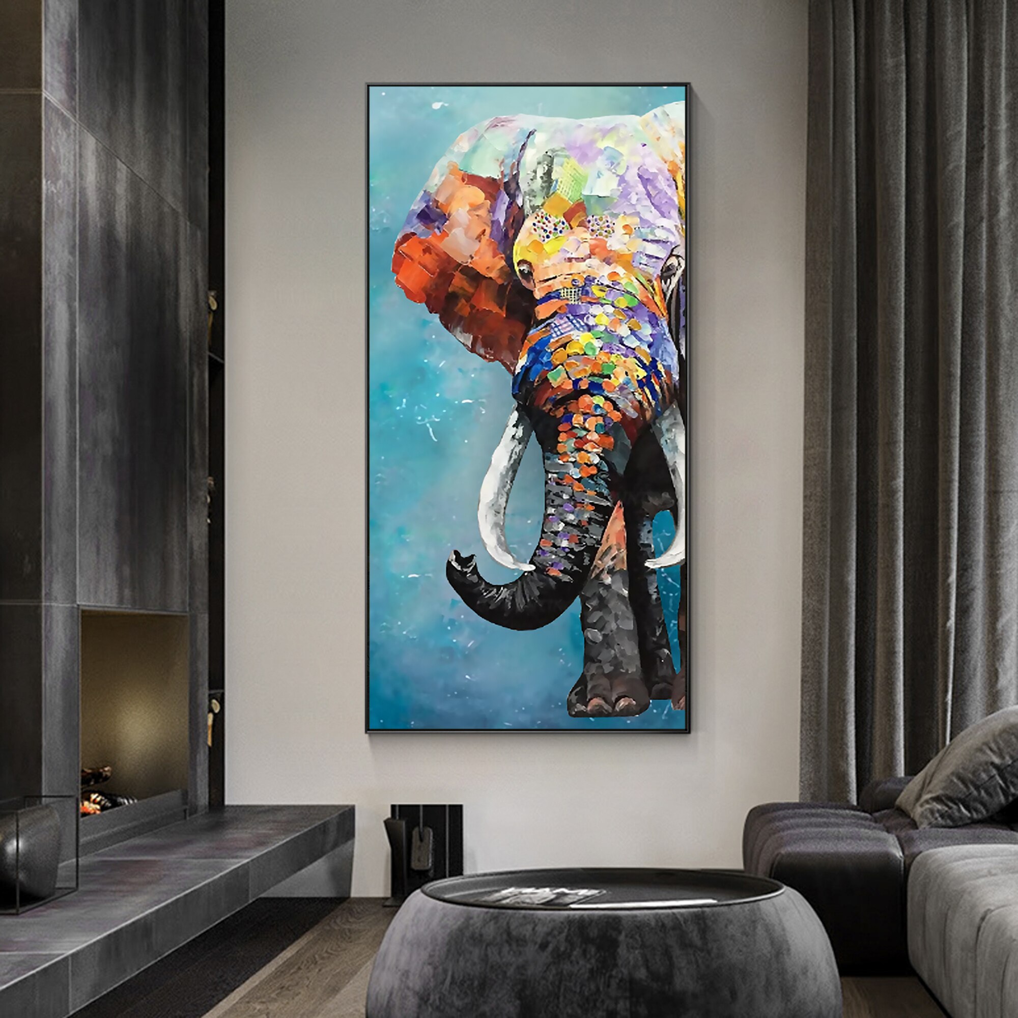 Pintura texturizada pesada de elefante, lienzo colorido, cuchillo de paleta, pintura original enmarcada, arte de pared enorme, arte de pared para sala de estar, pop pa