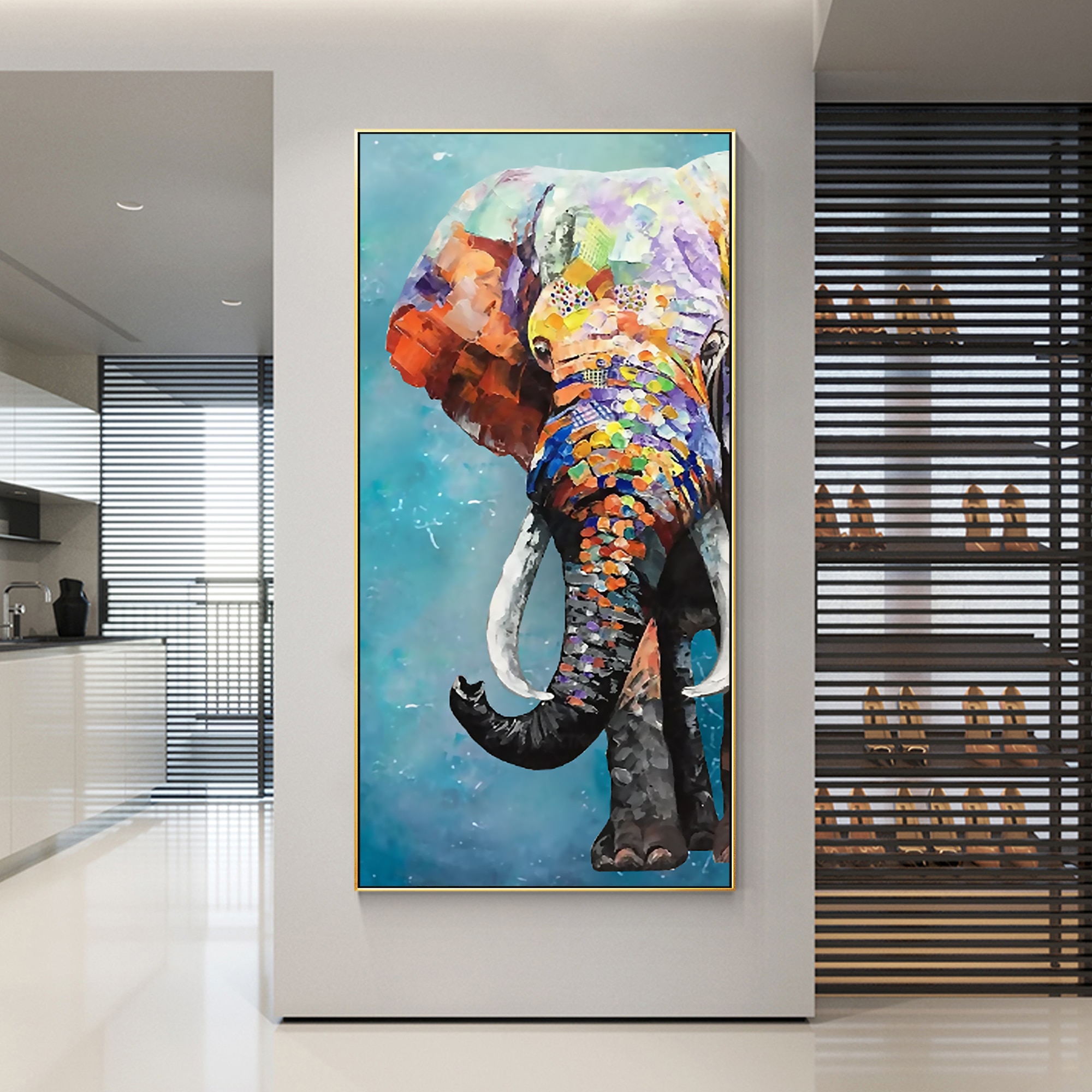 Pintura texturizada pesada de elefante, lienzo colorido, cuchillo de paleta, pintura original enmarcada, arte de pared enorme, arte de pared para sala de estar, pop pa