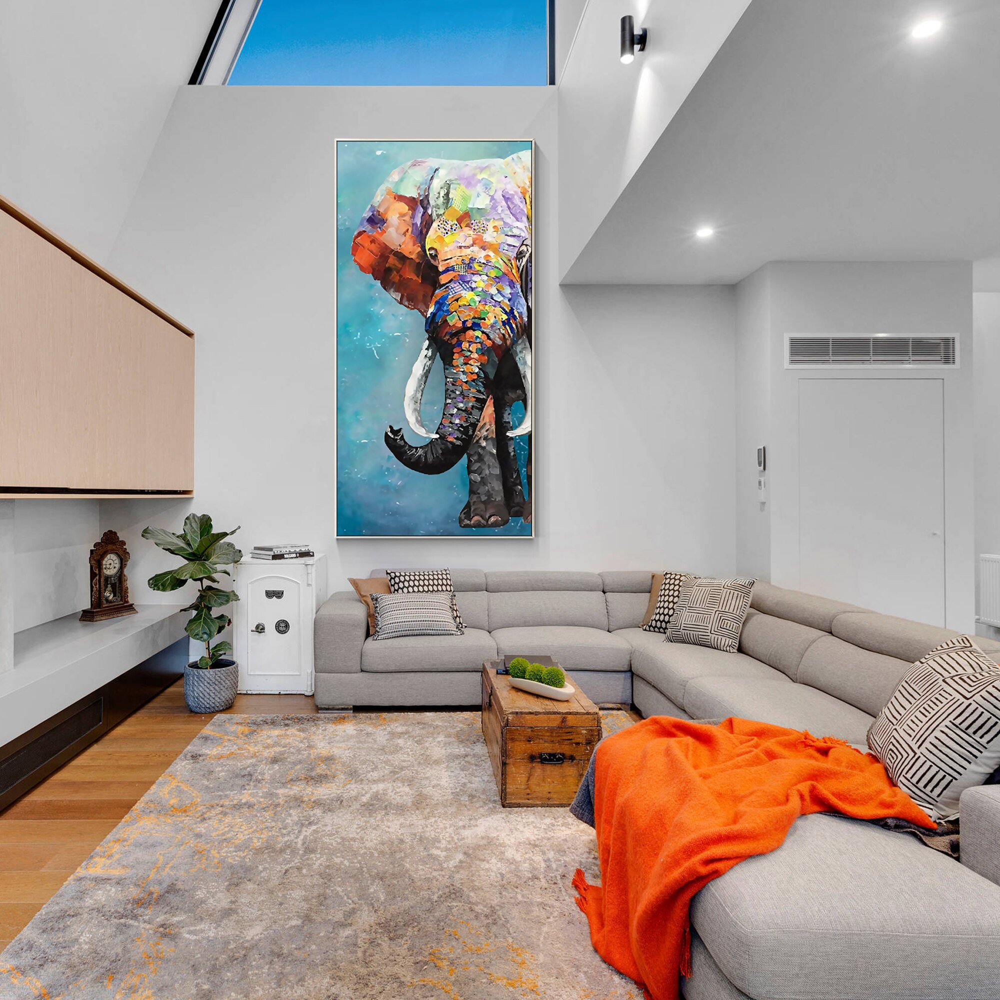 Pintura texturizada pesada de elefante, lienzo colorido, cuchillo de paleta, pintura original enmarcada, arte de pared enorme, arte de pared para sala de estar, pop pa