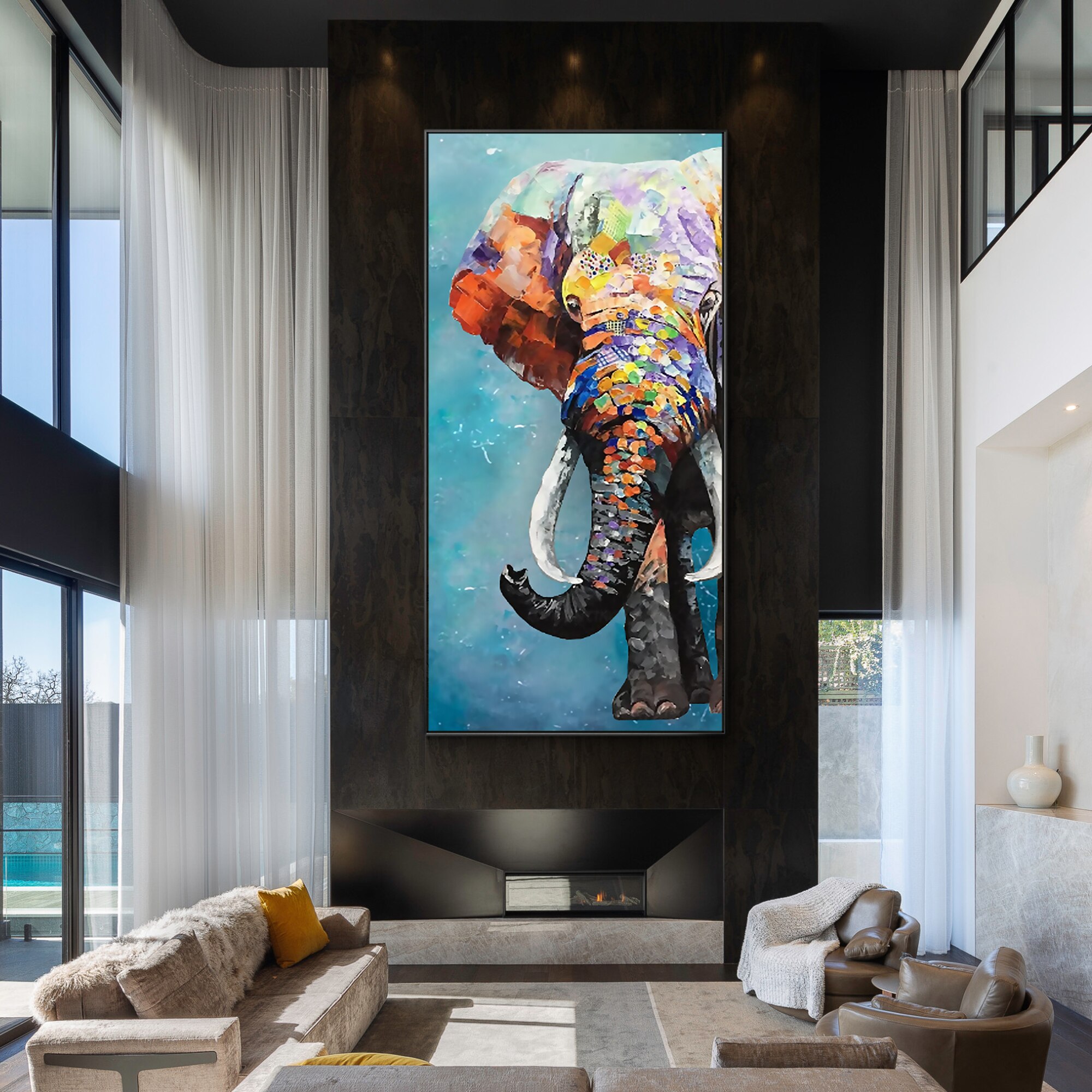 Pintura texturizada pesada de elefante, lienzo colorido, cuchillo de paleta, pintura original enmarcada, arte de pared enorme, arte de pared para sala de estar, pop pa