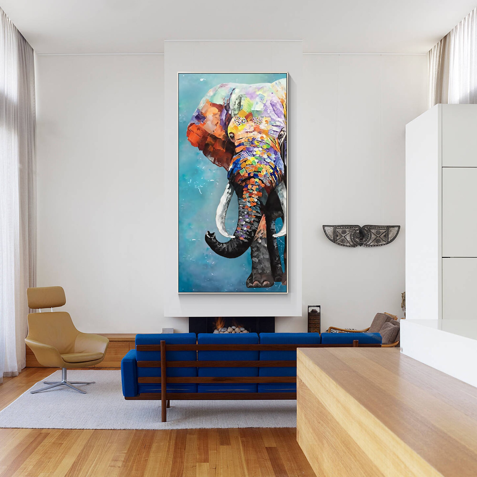 Pintura texturizada pesada de elefante, lienzo colorido, cuchillo de paleta, pintura original enmarcada, arte de pared enorme, arte de pared para sala de estar, pop pa