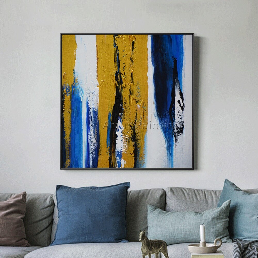 Pinturas al óleo abstractas modernas pintadas a mano, amarillas, azules y blancas sobre lienzo, arte de pared, imágenes de decoración del hogar para sala de estar Pinturas al óleo abstractas modernas pintadas a mano, amarillas, azules y blancas sobre lienzo, arte de pared, imágenes de decoración del hogar para sala de estar