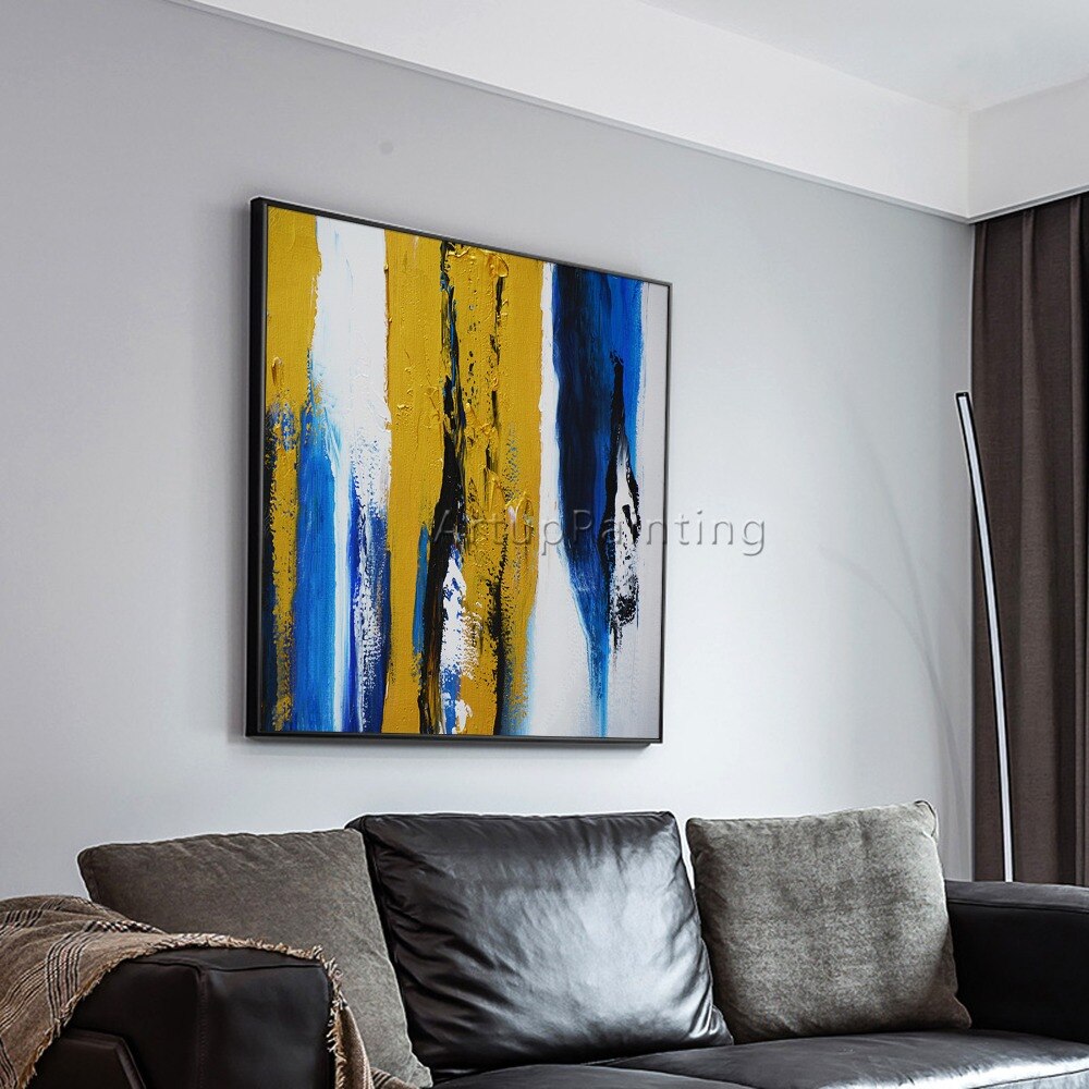 Pinturas al óleo abstractas modernas pintadas a mano, amarillas, azules y blancas sobre lienzo, arte de pared, imágenes de decoración del hogar para sala de estar Pinturas al óleo abstractas modernas pintadas a mano, amarillas, azules y blancas sobre lienzo, arte de pared, imágenes de decoración del hogar para sala de estar