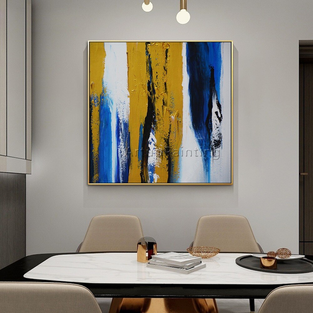 Pinturas al óleo abstractas modernas pintadas a mano, amarillas, azules y blancas sobre lienzo, arte de pared, imágenes de decoración del hogar para sala de estar Pinturas al óleo abstractas modernas pintadas a mano, amarillas, azules y blancas sobre lienzo, arte de pared, imágenes de decoración del hogar para sala de estar