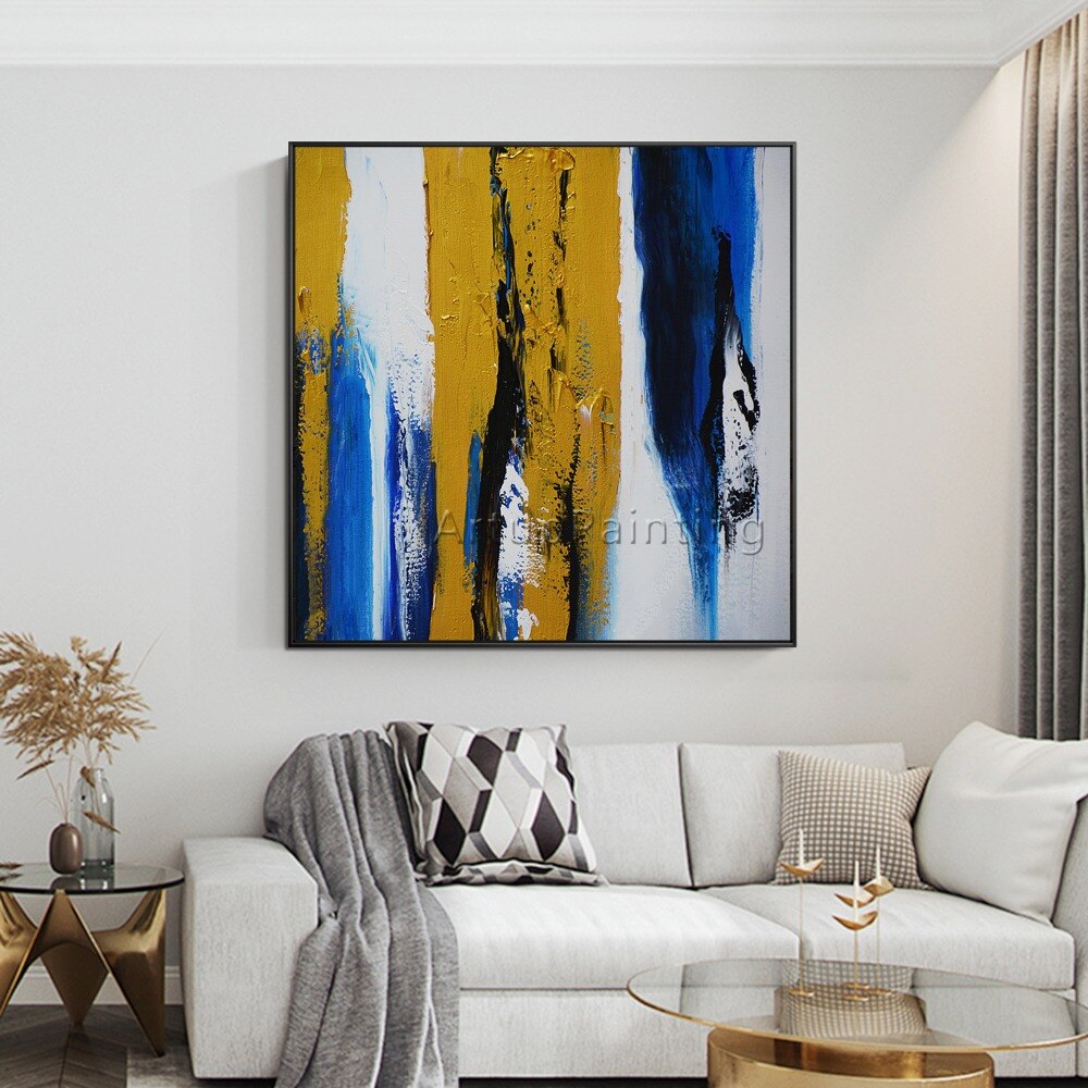 Pinturas al óleo abstractas modernas pintadas a mano, amarillas, azules y blancas sobre lienzo, arte de pared, imágenes de decoración del hogar para sala de estar Pinturas al óleo abstractas modernas pintadas a mano, amarillas, azules y blancas sobre lienzo, arte de pared, imágenes de decoración del hogar para sala de estar