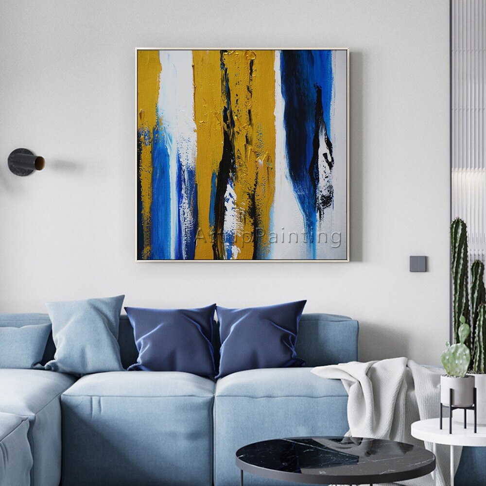 Pinturas al óleo abstractas modernas pintadas a mano, amarillas, azules y blancas sobre lienzo, arte de pared, imágenes de decoración del hogar para sala de estar Pinturas al óleo abstractas modernas pintadas a mano, amarillas, azules y blancas sobre lienzo, arte de pared, imágenes de decoración del hogar para sala de estar