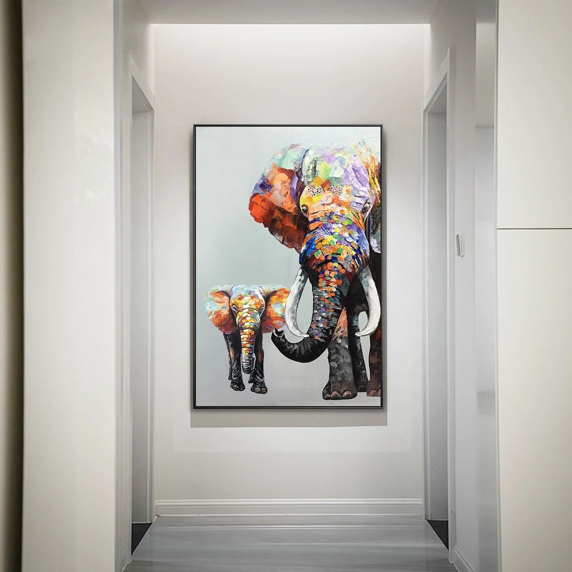 Pintado a mano elefante pintura sobre lienzo pintura Original pared arte Vertical Extra pared grande Decor