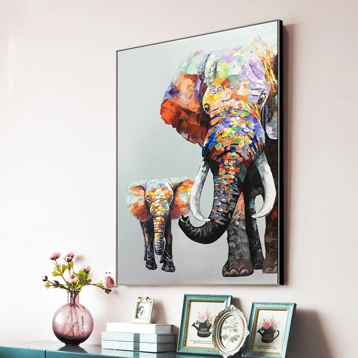 Pintado a mano elefante pintura sobre lienzo pintura Original pared arte Vertical Extra pared grande Decor