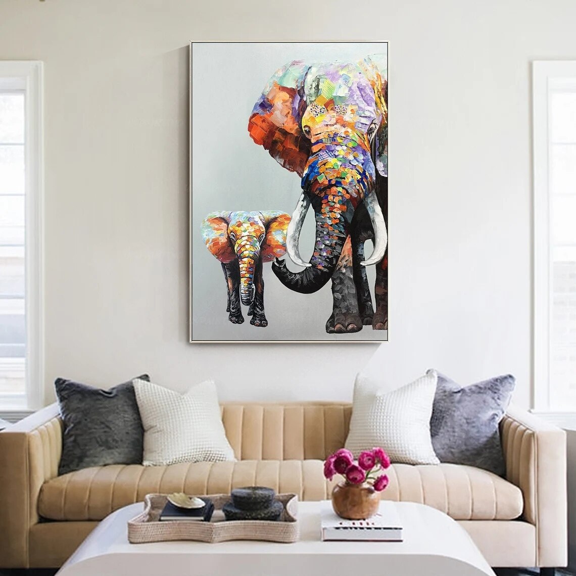 Pintado a mano elefante pintura sobre lienzo pintura Original pared arte Vertical Extra pared grande Decor