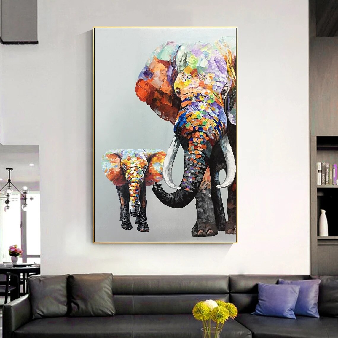 Pintado a mano elefante pintura sobre lienzo pintura Original pared arte Vertical Extra pared grande Decor