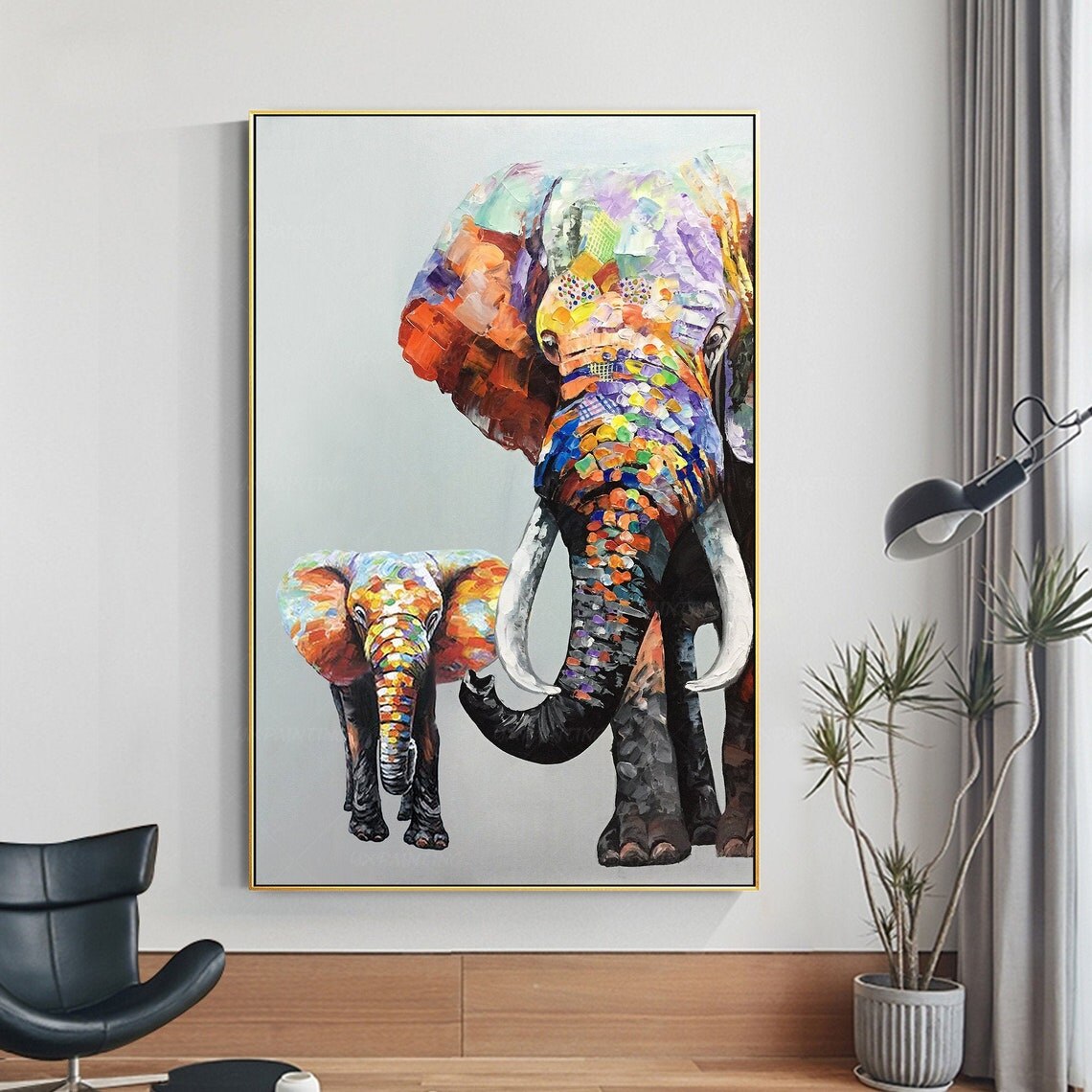 Pintado a mano elefante pintura sobre lienzo pintura Original pared arte Vertical Extra pared grande Decor