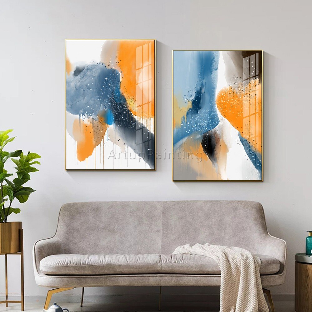 Juego de 2 pinturas abstractas modernas pintadas a mano sobre lienzo, imágenes artísticas de pared para decoración de sala de estar, póster de pared Juego de 2 pinturas abstractas modernas pintadas a mano sobre lienzo, imágenes artísticas de pared para decoración de sala de estar, póster de pared