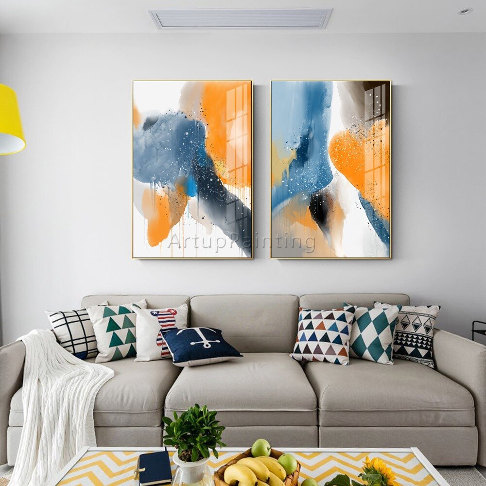 Juego de 2 pinturas abstractas modernas pintadas a mano sobre lienzo, imágenes artísticas de pared para decoración de sala de estar, póster de pared Juego de 2 pinturas abstractas modernas pintadas a mano sobre lienzo, imágenes artísticas de pared para decoración de sala de estar, póster de pared