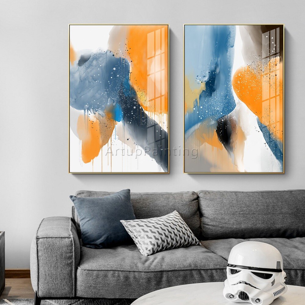 Juego de 2 pinturas abstractas modernas pintadas a mano sobre lienzo, imágenes artísticas de pared para decoración de sala de estar, póster de pared Juego de 2 pinturas abstractas modernas pintadas a mano sobre lienzo, imágenes artísticas de pared para decoración de sala de estar, póster de pared