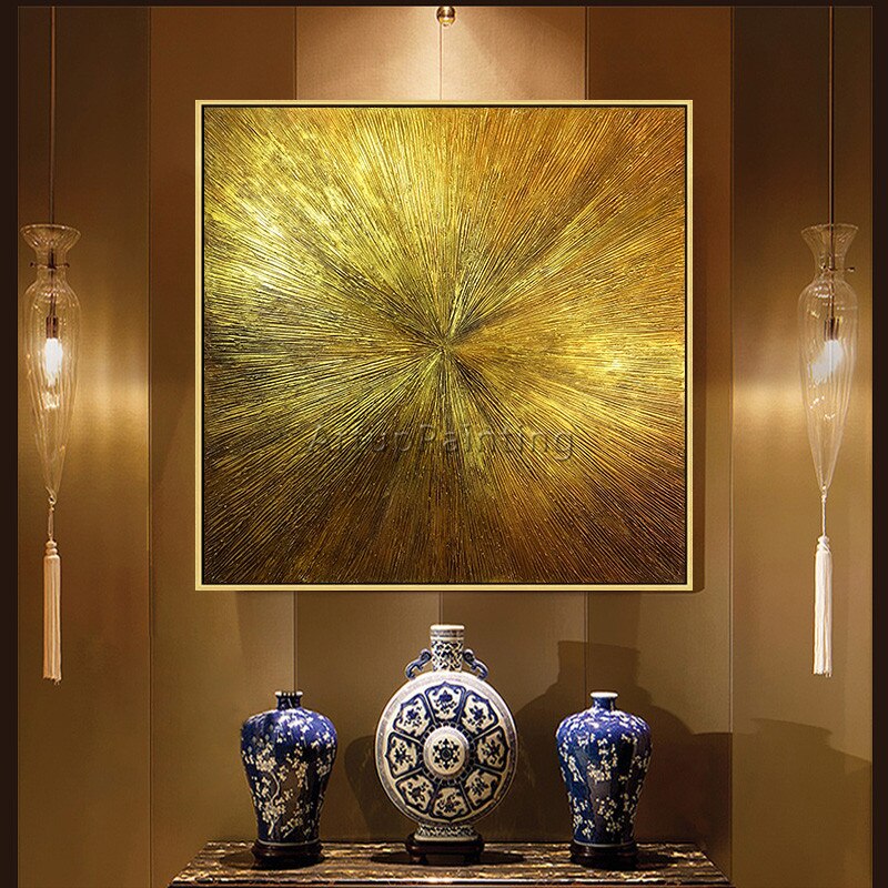 Arte geom&eacute;trico dorado, pintura abstracta al &oacute;leo sobre lienzo, textura acr&iacute;lica, sala de estar de pared para im&aacute;genes art&iacute;sticas, decoraci&oacute;n de cuadros caudros
