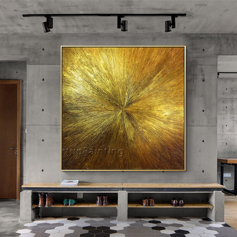 Arte geom&eacute;trico dorado, pintura abstracta al &oacute;leo sobre lienzo, textura acr&iacute;lica, sala de estar de pared para im&aacute;genes art&iacute;sticas, decoraci&oacute;n de cuadros caudros