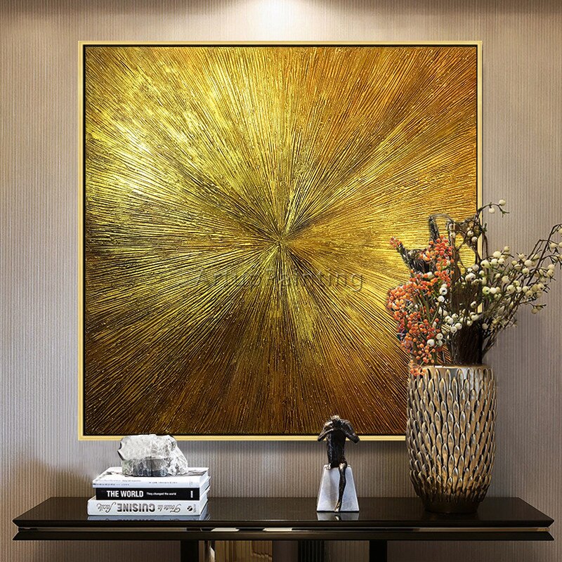 Arte geom&eacute;trico dorado, pintura abstracta al &oacute;leo sobre lienzo, textura acr&iacute;lica, sala de estar de pared para im&aacute;genes art&iacute;sticas, decoraci&oacute;n de cuadros caudros