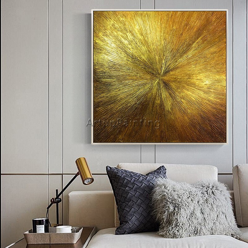 Arte geom&eacute;trico dorado, pintura abstracta al &oacute;leo sobre lienzo, textura acr&iacute;lica, sala de estar de pared para im&aacute;genes art&iacute;sticas, decoraci&oacute;n de cuadros caudros