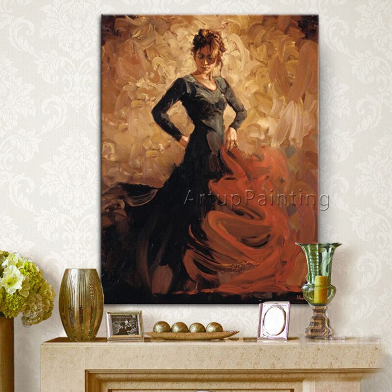 Pintura al &oacute;leo de bailarina flamenca espa&ntilde;ola, lienzo de mujer latina, im&aacute;genes art&iacute;sticas de pared para sala de estar, alta calidad, pintadas a mano 1