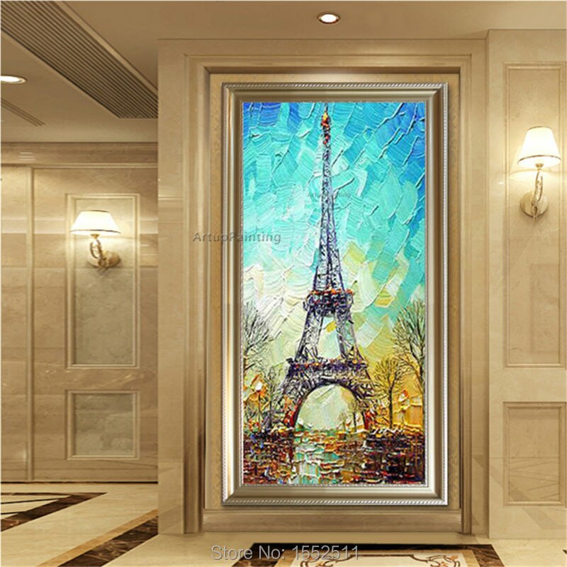 Lienzo pintado a mano al &oacute;leo abstracto, pinturas de cuadros enormes y modernos para sala de estar, arte de pared, decoraci&oacute;n de Par&iacute;s, Torre Eiffel