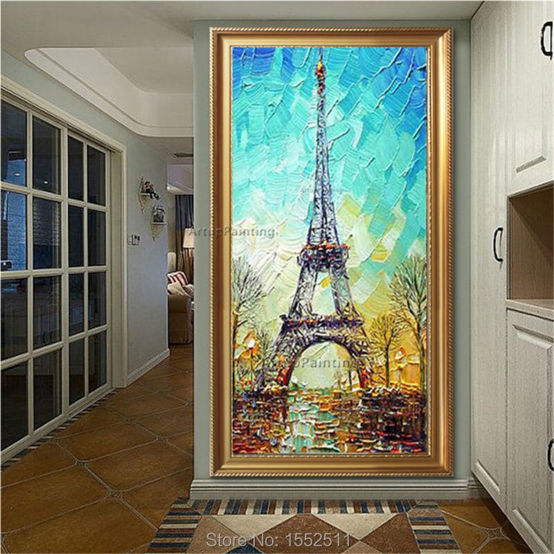 Lienzo pintado a mano al &oacute;leo abstracto, pinturas de cuadros enormes y modernos para sala de estar, arte de pared, decoraci&oacute;n de Par&iacute;s, Torre Eiffel