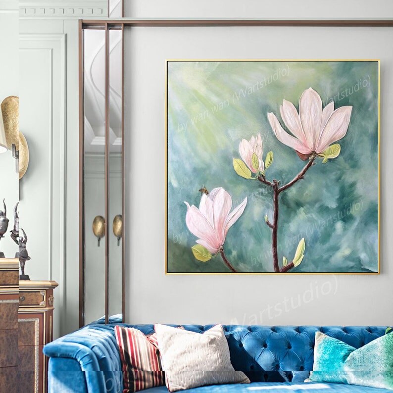 Pintura al óleo abstracta de flor de loto rosa, planta verde, lienzo pintado a mano, arte de pared, decoración para sala de estar, decoración del hogar Pintura al óleo abstracta de flor de loto rosa, planta verde, lienzo pintado a mano, arte de pared, decoración para sala de estar, decoración del hogar