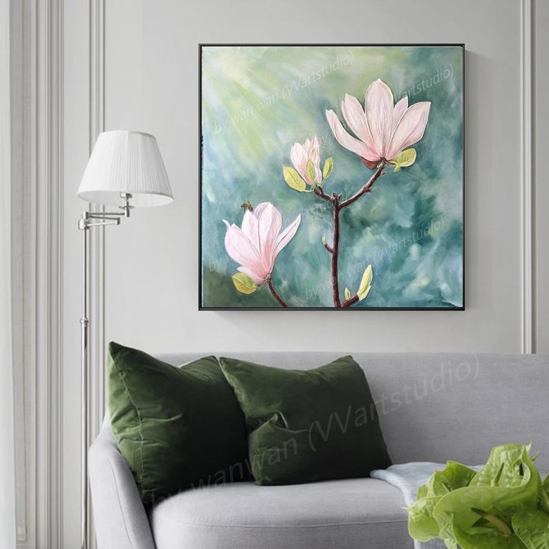 Pintura al óleo abstracta de flor de loto rosa, planta verde, lienzo pintado a mano, arte de pared, decoración para sala de estar, decoración del hogar Pintura al óleo abstracta de flor de loto rosa, planta verde, lienzo pintado a mano, arte de pared, decoración para sala de estar, decoración del hogar