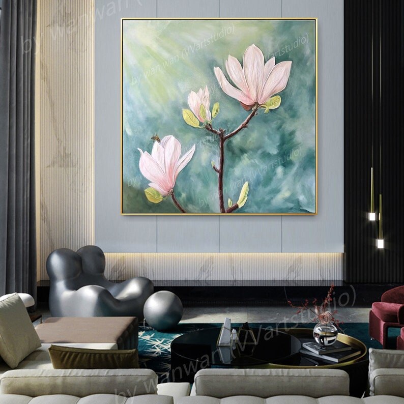 Pintura al óleo abstracta de flor de loto rosa, planta verde, lienzo pintado a mano, arte de pared, decoración para sala de estar, decoración del hogar Pintura al óleo abstracta de flor de loto rosa, planta verde, lienzo pintado a mano, arte de pared, decoración para sala de estar, decoración del hogar