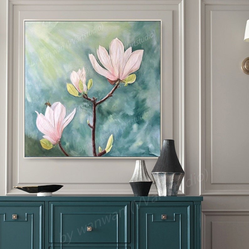 Pintura al óleo abstracta de flor de loto rosa, planta verde, lienzo pintado a mano, arte de pared, decoración para sala de estar, decoración del hogar Pintura al óleo abstracta de flor de loto rosa, planta verde, lienzo pintado a mano, arte de pared, decoración para sala de estar, decoración del hogar
