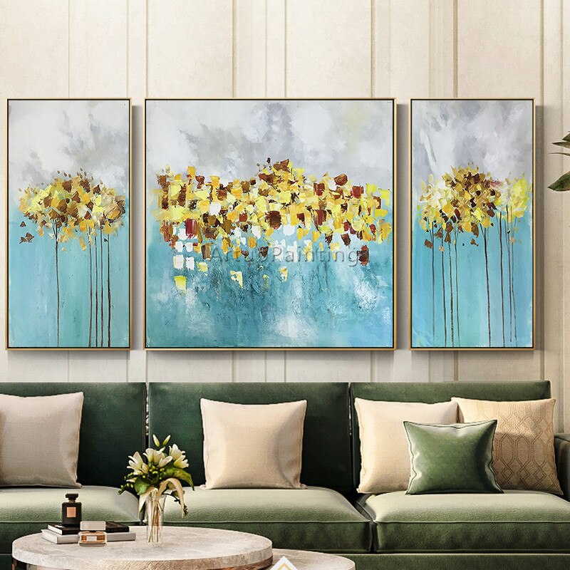 Cuadros de pintura al &oacute;leo para sala de estar, pintura acr&iacute;lica abstracta de oro y azul, im&aacute;genes art&iacute;sticas de pared para quadros02, 3 piezas