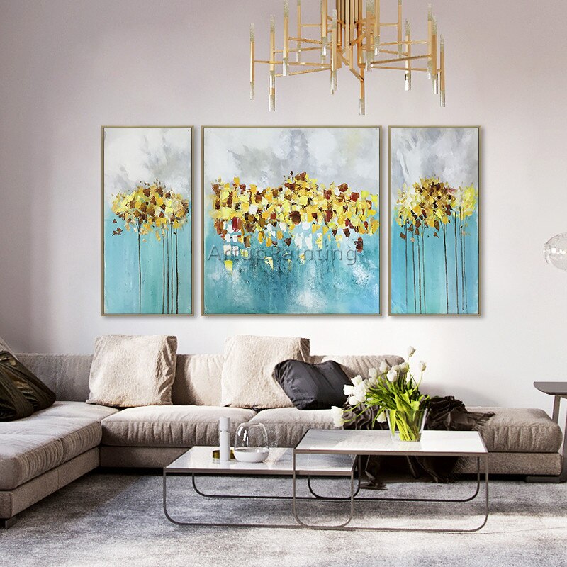 Cuadros de pintura al &oacute;leo para sala de estar, pintura acr&iacute;lica abstracta de oro y azul, im&aacute;genes art&iacute;sticas de pared para quadros02, 3 piezas