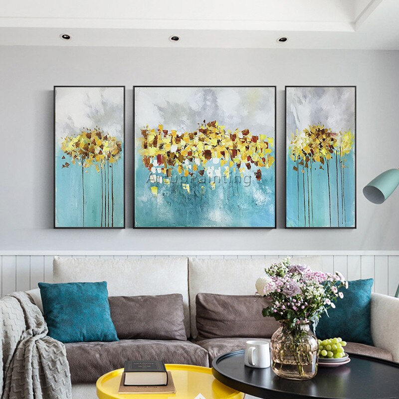 Cuadros de pintura al &oacute;leo para sala de estar, pintura acr&iacute;lica abstracta de oro y azul, im&aacute;genes art&iacute;sticas de pared para quadros02, 3 piezas