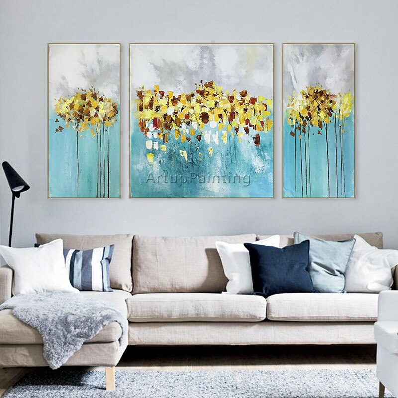 Cuadros de pintura al &oacute;leo para sala de estar, pintura acr&iacute;lica abstracta de oro y azul, im&aacute;genes art&iacute;sticas de pared para quadros02, 3 piezas