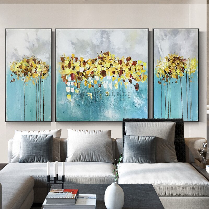 Cuadros de pintura al &oacute;leo para sala de estar, pintura acr&iacute;lica abstracta de oro y azul, im&aacute;genes art&iacute;sticas de pared para quadros02, 3 piezas
