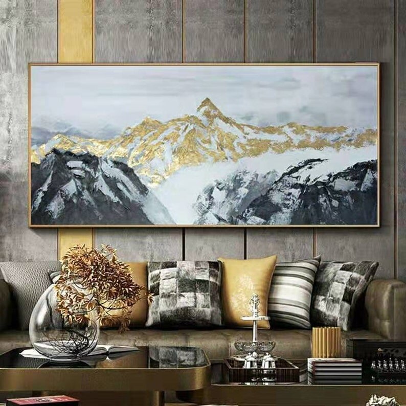 Pintura al &oacute;leo abstracta de hoja dorada de monta&ntilde;a, lienzo pintado a mano, imagen art&iacute;stica de pared, papel de pared para decoraci&oacute;n del hogar y sala de estar
