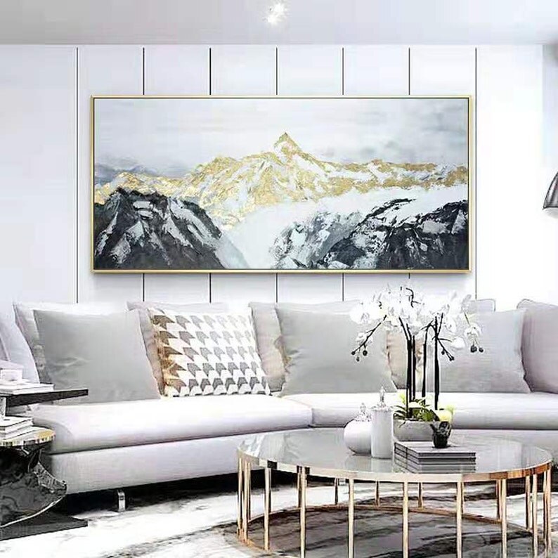 Pintura al &oacute;leo abstracta de hoja dorada de monta&ntilde;a, lienzo pintado a mano, imagen art&iacute;stica de pared, papel de pared para decoraci&oacute;n del hogar y sala de estar
