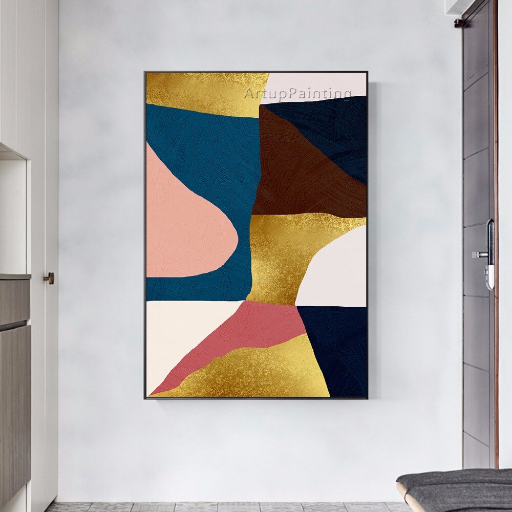 Lienzo acr&iacute;lico pintado a mano para decoraci&oacute;n del hogar, pintura al &oacute;leo de geometr&iacute;a abstracta Multicolor, im&aacute;genes art&iacute;sticas de pared para caudros