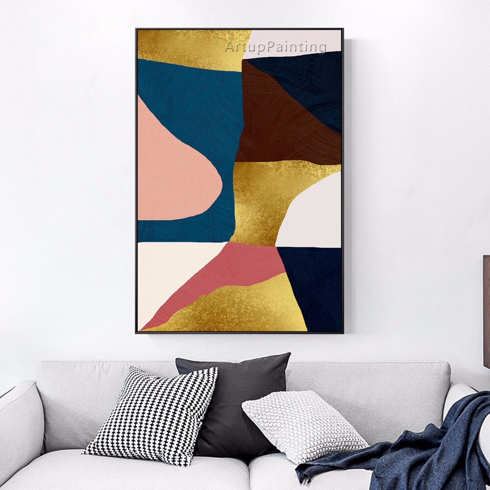 Lienzo acr&iacute;lico pintado a mano para decoraci&oacute;n del hogar, pintura al &oacute;leo de geometr&iacute;a abstracta Multicolor, im&aacute;genes art&iacute;sticas de pared para caudros