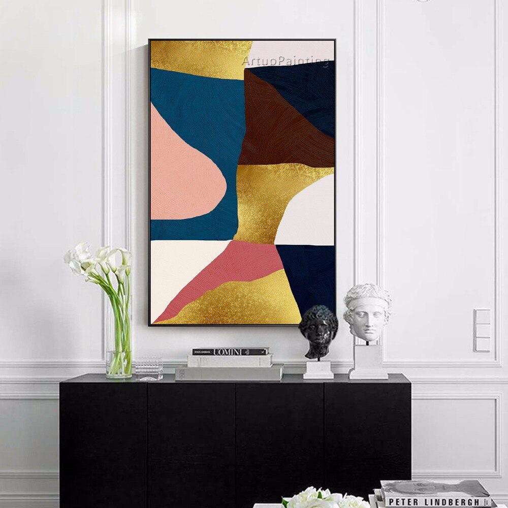 Lienzo acr&iacute;lico pintado a mano para decoraci&oacute;n del hogar, pintura al &oacute;leo de geometr&iacute;a abstracta Multicolor, im&aacute;genes art&iacute;sticas de pared para caudros