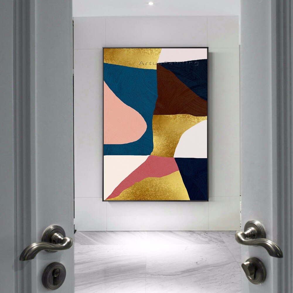 Lienzo acr&iacute;lico pintado a mano para decoraci&oacute;n del hogar, pintura al &oacute;leo de geometr&iacute;a abstracta Multicolor, im&aacute;genes art&iacute;sticas de pared para caudros