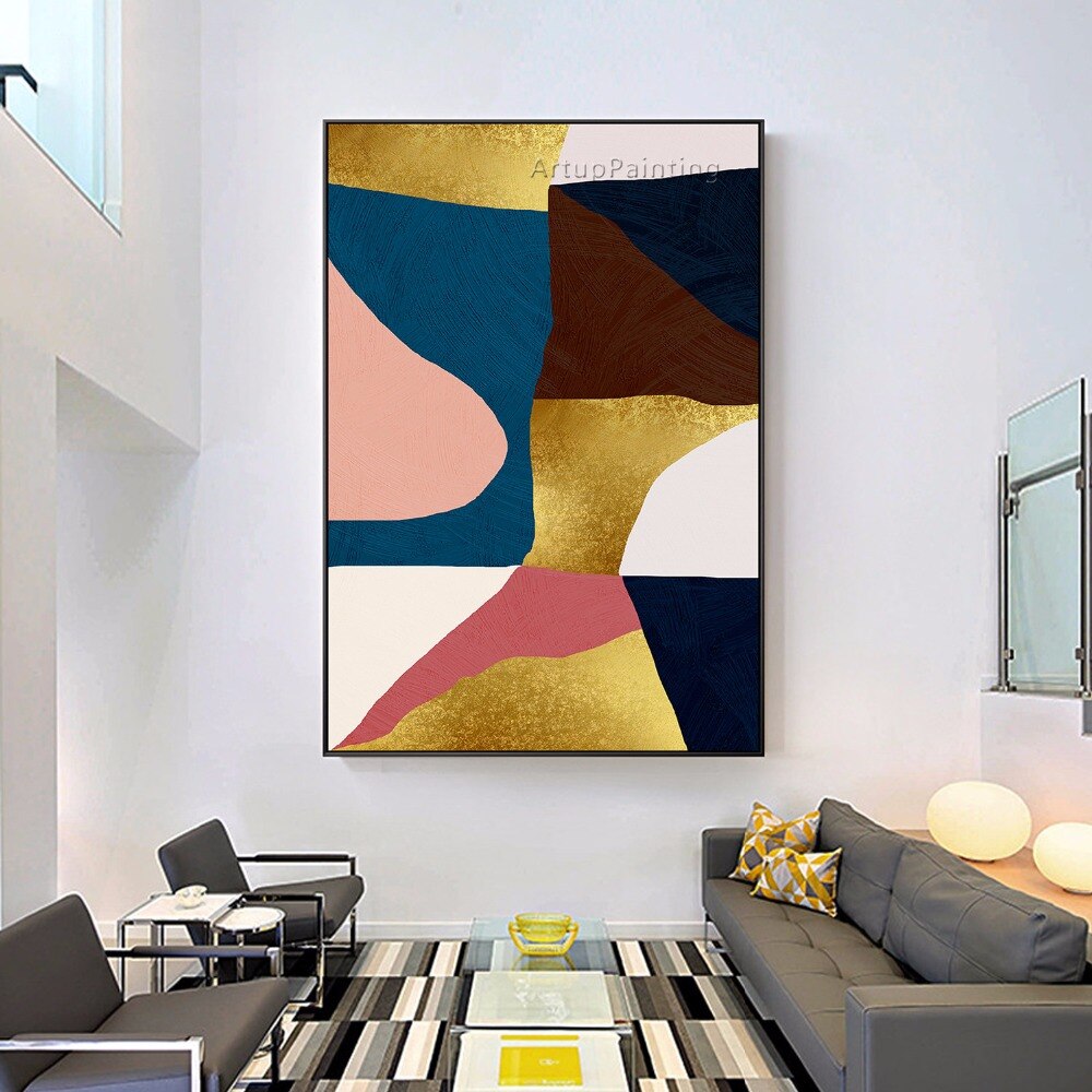Lienzo acr&iacute;lico pintado a mano para decoraci&oacute;n del hogar, pintura al &oacute;leo de geometr&iacute;a abstracta Multicolor, im&aacute;genes art&iacute;sticas de pared para caudros