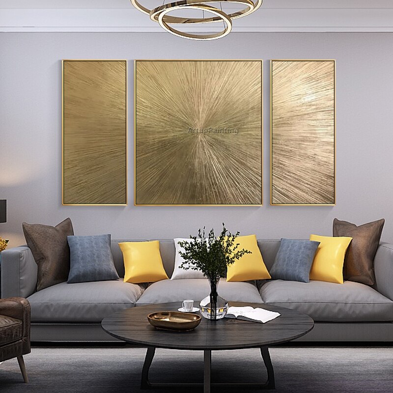 Pintura en lienzo dorada pintada a mano geom&eacute;trica, arte de pared acr&iacute;lico abstracto, im&aacute;genes de decoraci&oacute;n del hogar para sala de estar