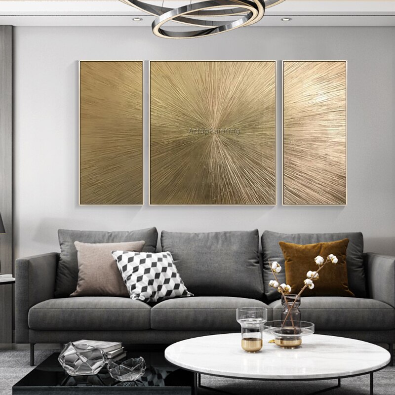 Pintura en lienzo dorada pintada a mano geom&eacute;trica, arte de pared acr&iacute;lico abstracto, im&aacute;genes de decoraci&oacute;n del hogar para sala de estar