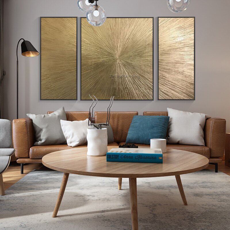 Pintura en lienzo dorada pintada a mano geom&eacute;trica, arte de pared acr&iacute;lico abstracto, im&aacute;genes de decoraci&oacute;n del hogar para sala de estar