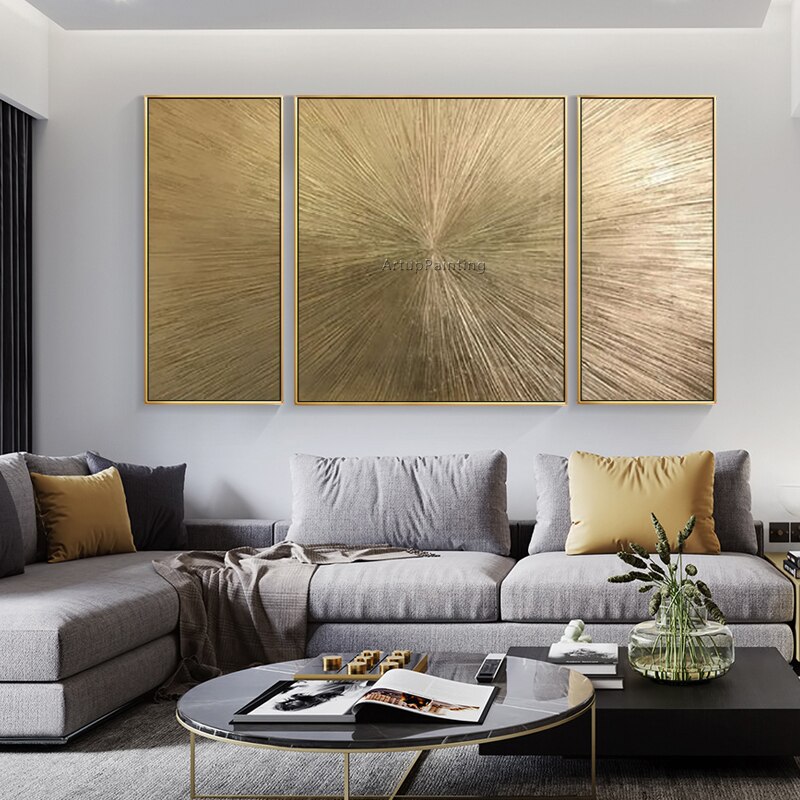 Pintura en lienzo dorada pintada a mano geom&eacute;trica, arte de pared acr&iacute;lico abstracto, im&aacute;genes de decoraci&oacute;n del hogar para sala de estar
