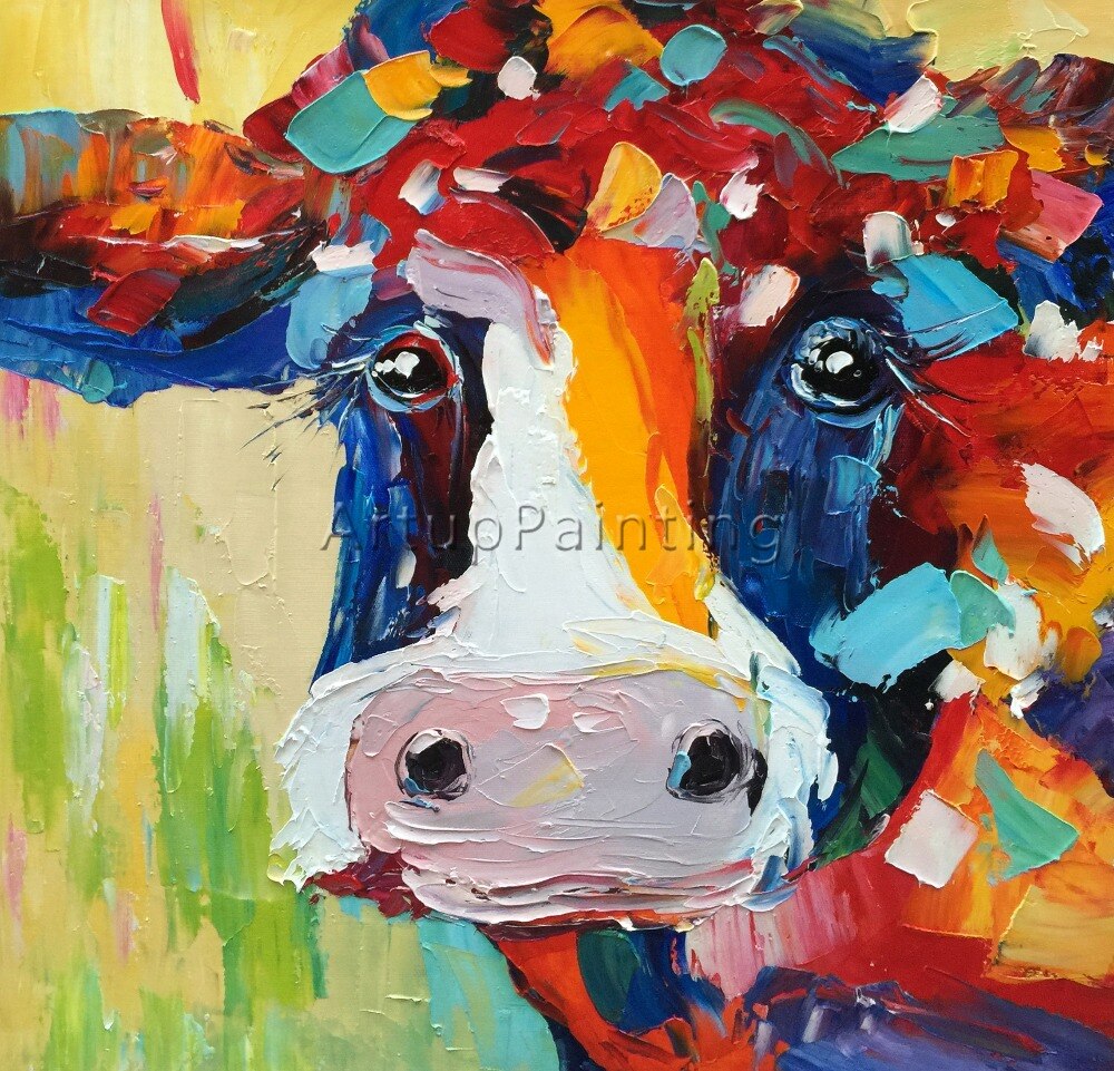 Cuadro de vaca en lienzo, pintura acr&iacute;lica de animales, sala de estar de pared para im&aacute;genes art&iacute;sticas, cuchillo plattle, caudros abstractos modernos, decoraci&oacute;n 02