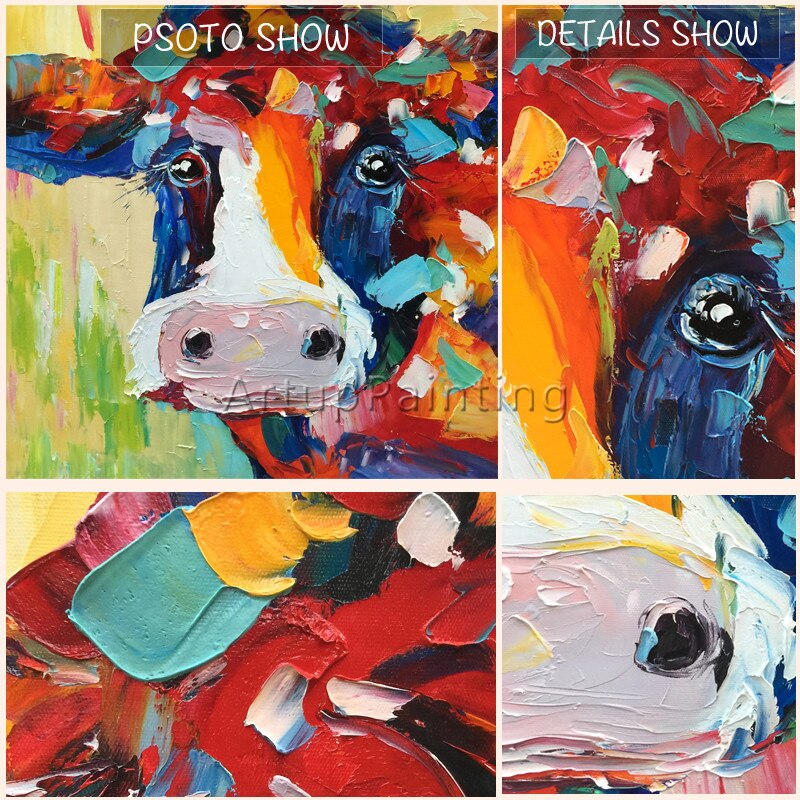 Cuadro de vaca en lienzo, pintura acr&iacute;lica de animales, sala de estar de pared para im&aacute;genes art&iacute;sticas, cuchillo plattle, caudros abstractos modernos, decoraci&oacute;n 02