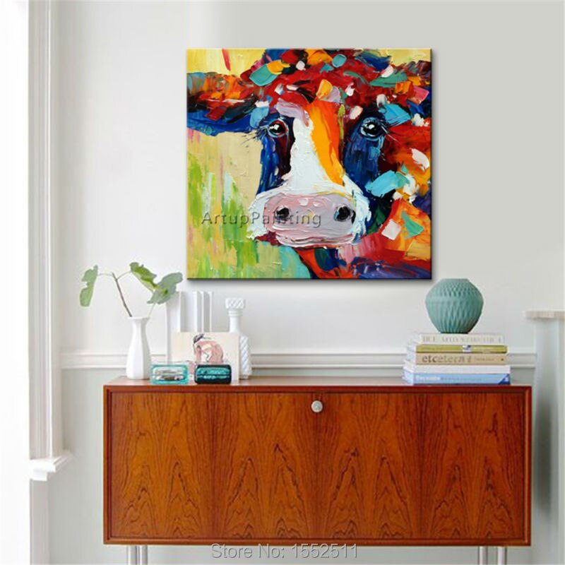Cuadro de vaca en lienzo, pintura acr&iacute;lica de animales, sala de estar de pared para im&aacute;genes art&iacute;sticas, cuchillo plattle, caudros abstractos modernos, decoraci&oacute;n 02