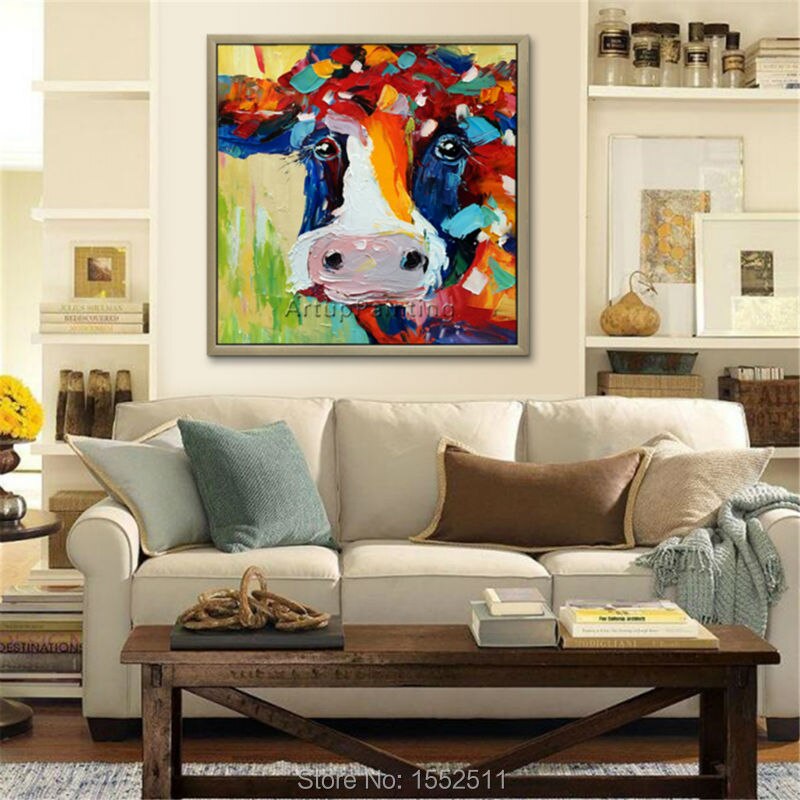Cuadro de vaca en lienzo, pintura acr&iacute;lica de animales, sala de estar de pared para im&aacute;genes art&iacute;sticas, cuchillo plattle, caudros abstractos modernos, decoraci&oacute;n 02