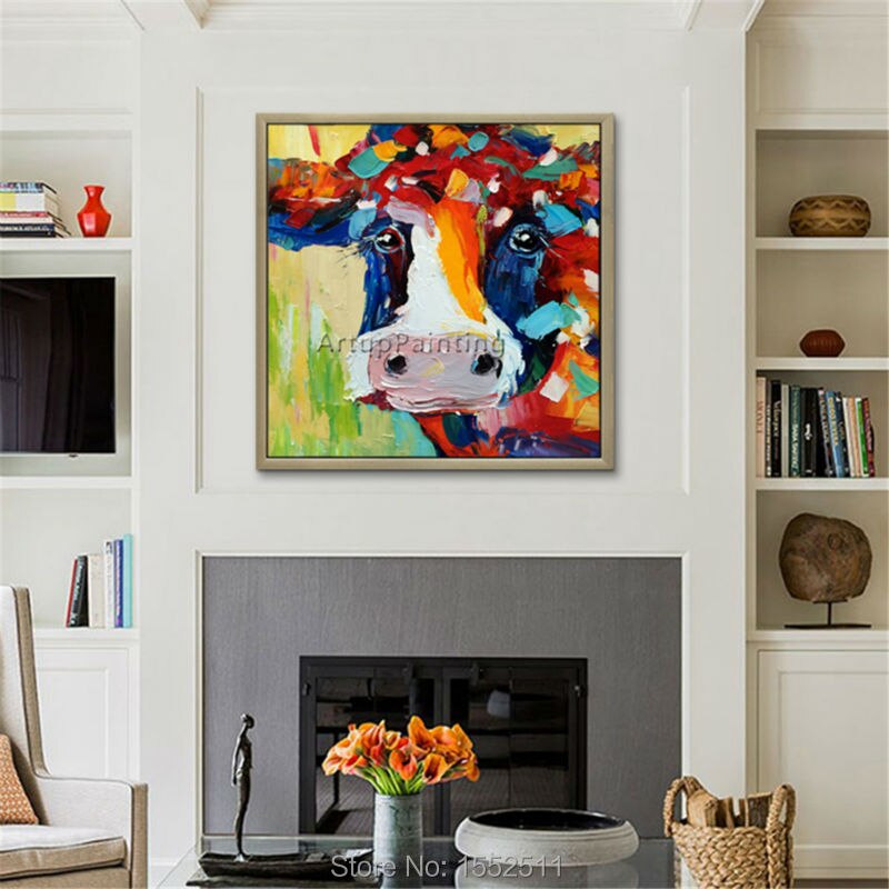 Cuadro de vaca en lienzo, pintura acr&iacute;lica de animales, sala de estar de pared para im&aacute;genes art&iacute;sticas, cuchillo plattle, caudros abstractos modernos, decoraci&oacute;n 02